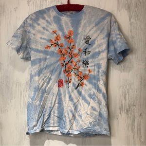 Artists Union Clothing Co Blue Tie Dye Shirt with Asian writing and art! Size S